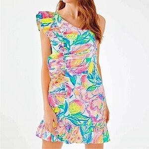 One Shoulder Ruffle Stretch Dress Lilly Pulitzer Tiffani Fiesta Bamba Sz 6 Pink